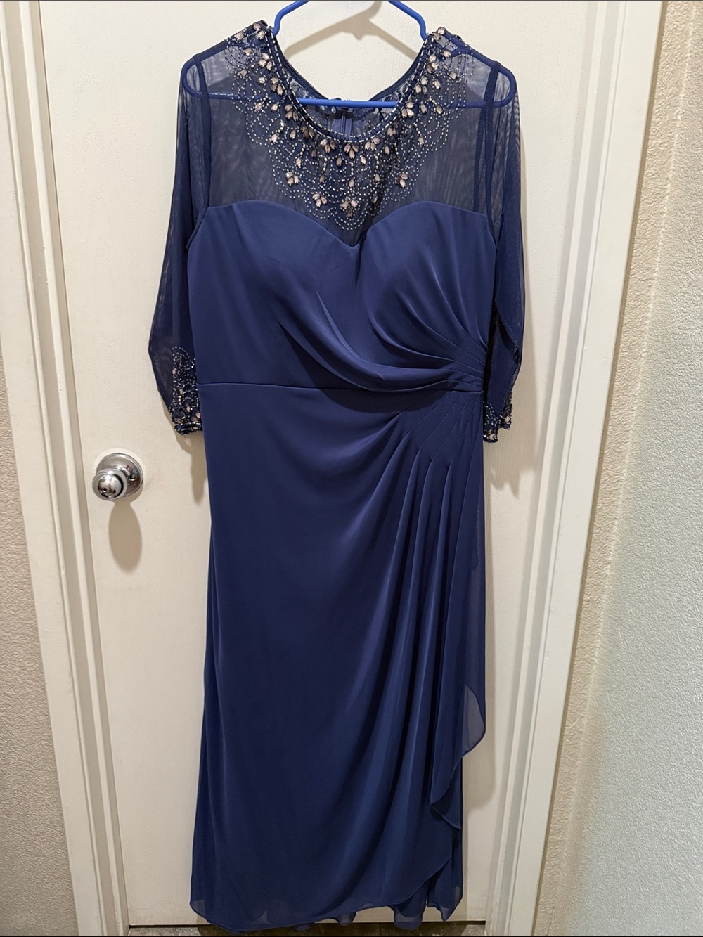 Alex Evenings Navy Beaded Illusion Yoke Long Sleeve Dress